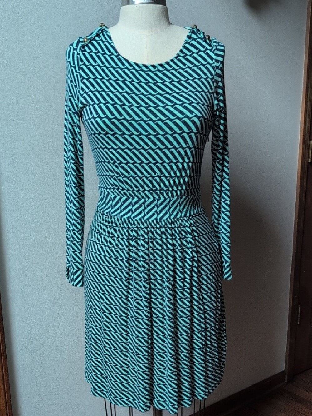 Vineyard Vines Ocean Swell Navy And Teal Long-Sleeve Dress